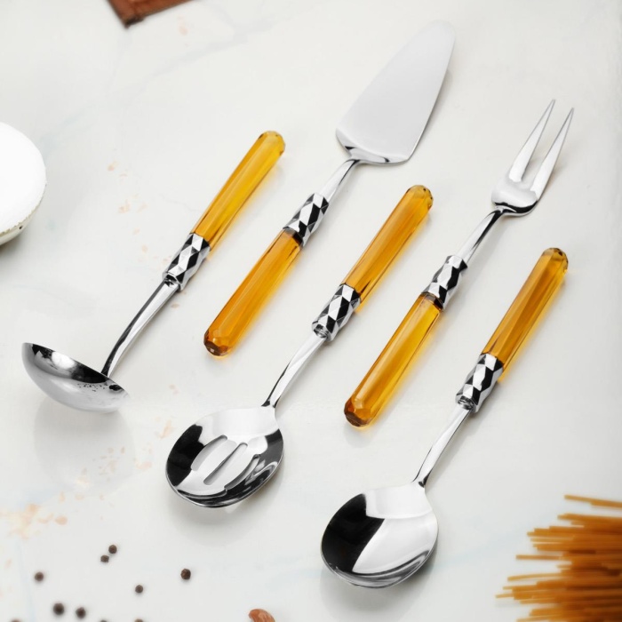 5 Parça Platin Servis Seti & Servis Sunum Seti Amber ( Kepçe / Kevgir / Sıpatula / Çatal / Kaşık )
