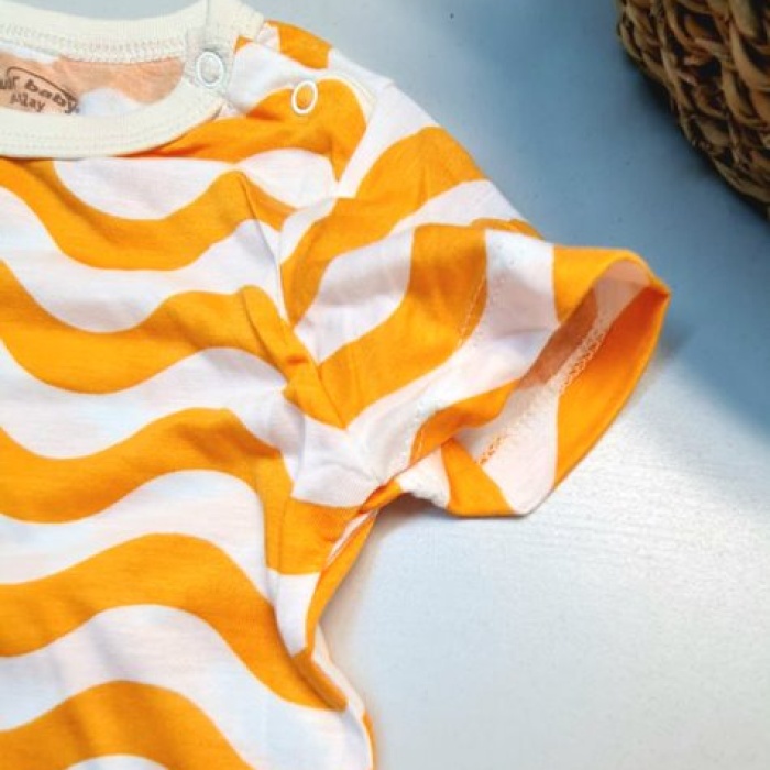 Bebek Yazlık Kısa Kol Şort Tek Parça Çıtçıtlı Tulum Zıbın %100 Pamuk Turuncu Dalga