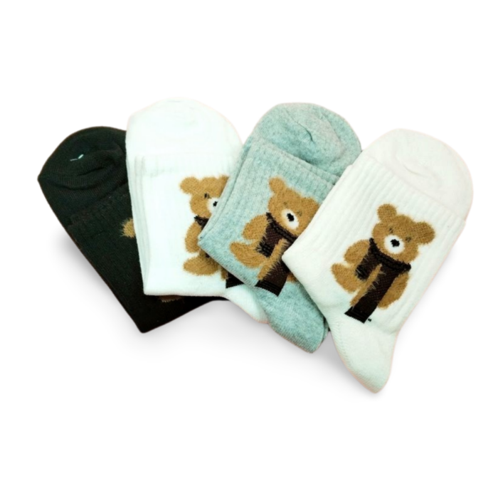 Peluş Ayıcık İşlemeli Kadın Soket Çorap 4 Çift
