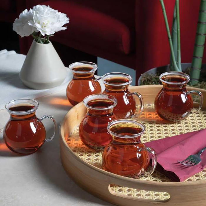 6lı Keyfi Ala Borosilikat Cam Kulplu Çay Bardağı