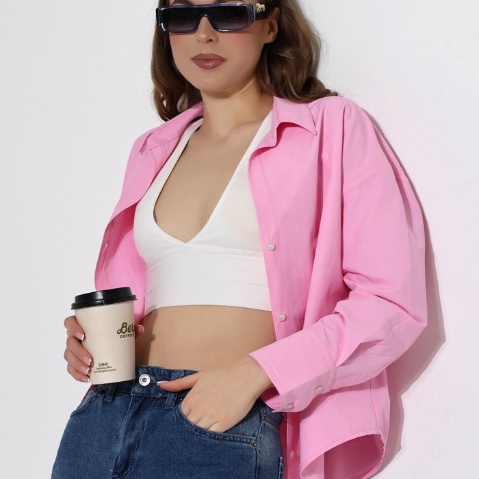 Kadın Gömlek Toz Şeker Pembe Oversize Rahat Kesim Poplin Kumaş Gomlek