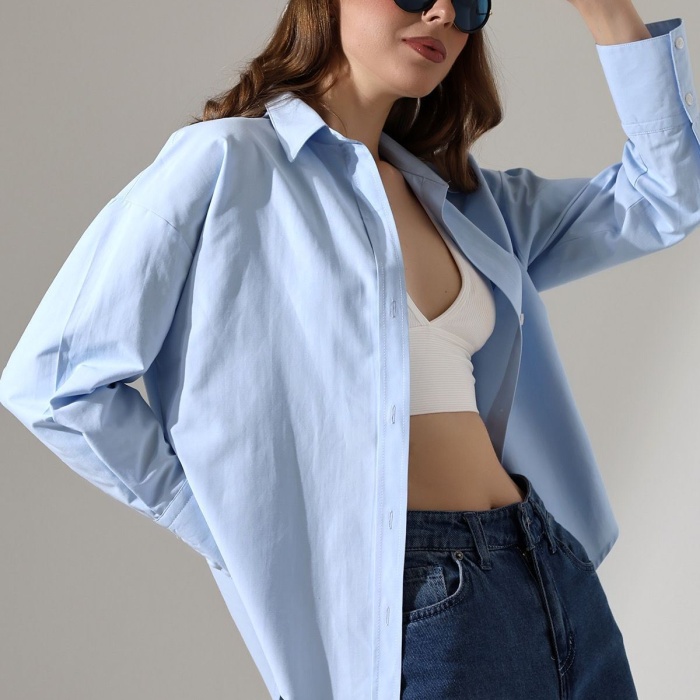 Kadın Gömlek Mavi Renk Oversize Rahat Kesim Poplin Kumaş Gomlek