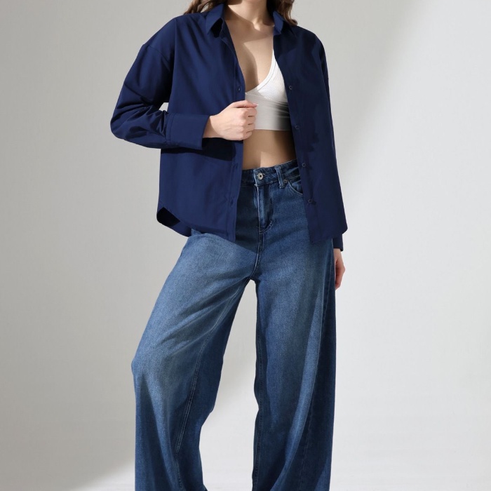 Kadın Gömlek Lacivert Renk Oversize Rahat Kesim Poplin Kumaş Gomlek