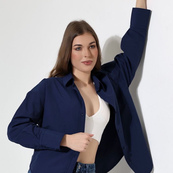Kadın Gömlek Lacivert Renk Oversize Rahat Kesim Poplin Kumaş Gomlek