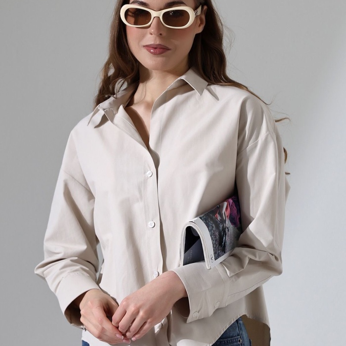 Kadın Gömlek Taş Renk Oversize Rahat Kesim Poplin Kumaş Gomlek