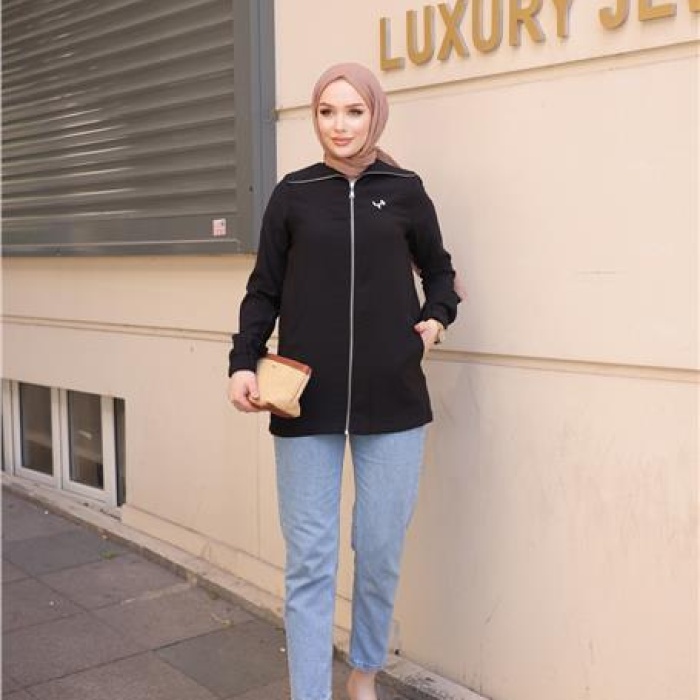 Destan Taş Detaylı Fermuarlı Sade Basic Ceket - 71139 - Siyah