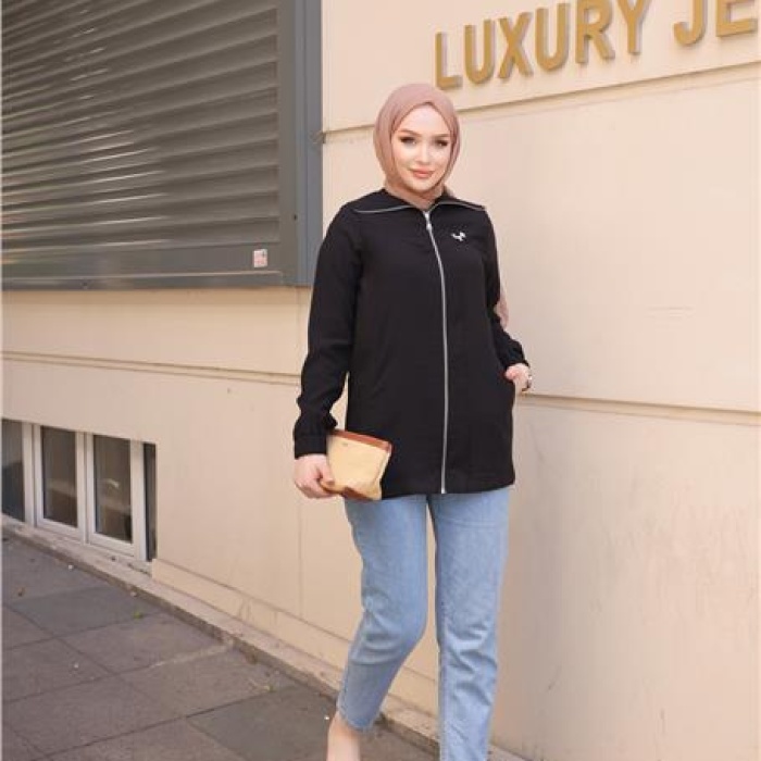 Destan Taş Detaylı Fermuarlı Sade Basic Ceket - 71139 - Siyah