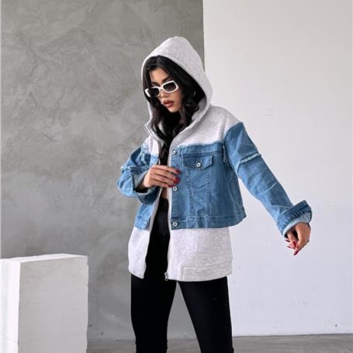 Kapüşonlu Fermuarlı Denim Polar Ceket - (S-L) - P113002 - Mavi