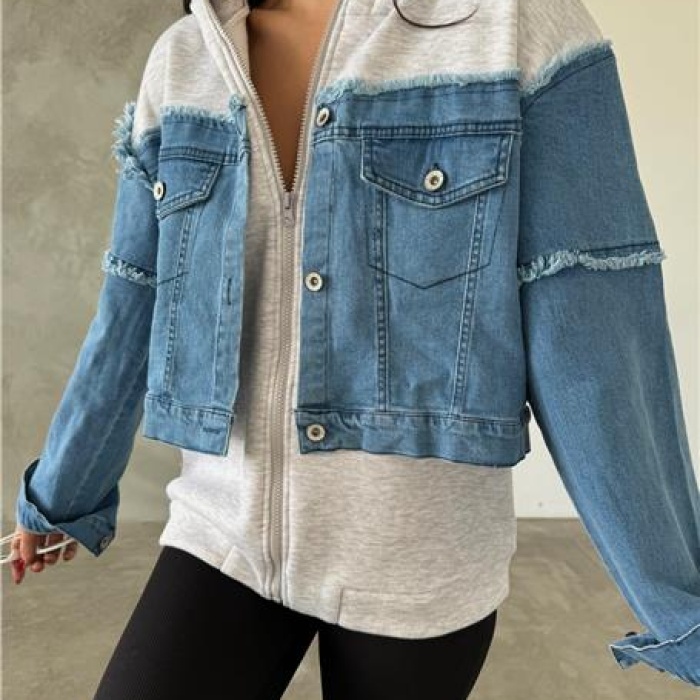 Kapüşonlu Fermuarlı Denim Polar Ceket - (S-L) - P113002 - Mavi
