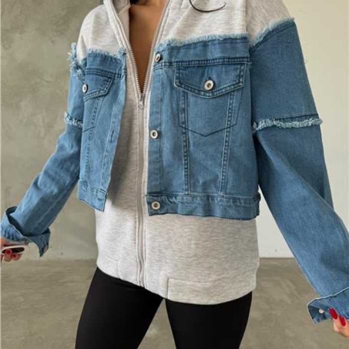 Kapüşonlu Fermuarlı Denim Polar Ceket - (S-L) - P113002 - Mavi