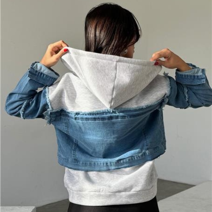 Kapüşonlu Fermuarlı Denim Polar Ceket - (S-L) - P113002 - Mavi