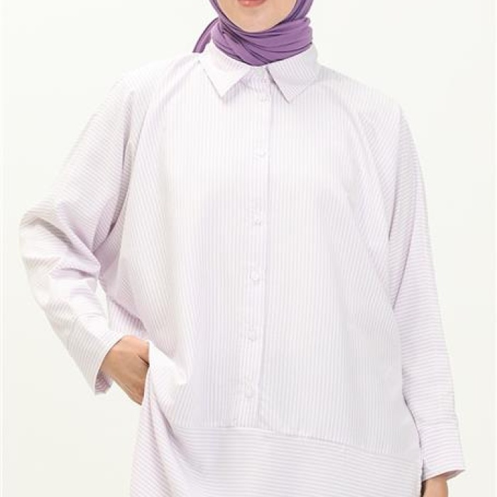 Yırtmaç Detaylı Uzun Kollu Sade Basic Gömlek - 70042 - Lila