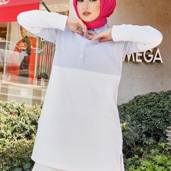 Gusto Gömlek Geçişli İki Renk Sade Çizgili Sweatshirt - 71089 - Beyaz