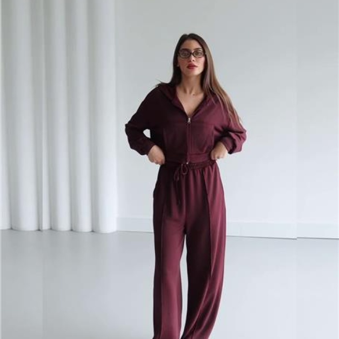 Fermuarlı Uzun Kollu Cepli Alt - Üst Eşofman Takımı - (S-L) - P117001 - Mürdüm