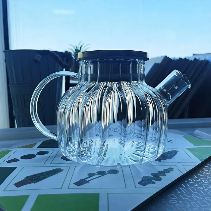Çelik Kapaklı Borosilikat Dilimli Model Süzgeçli Cam Demlik Bitki Çayları 1000 Ml Royaleks-CM-2001