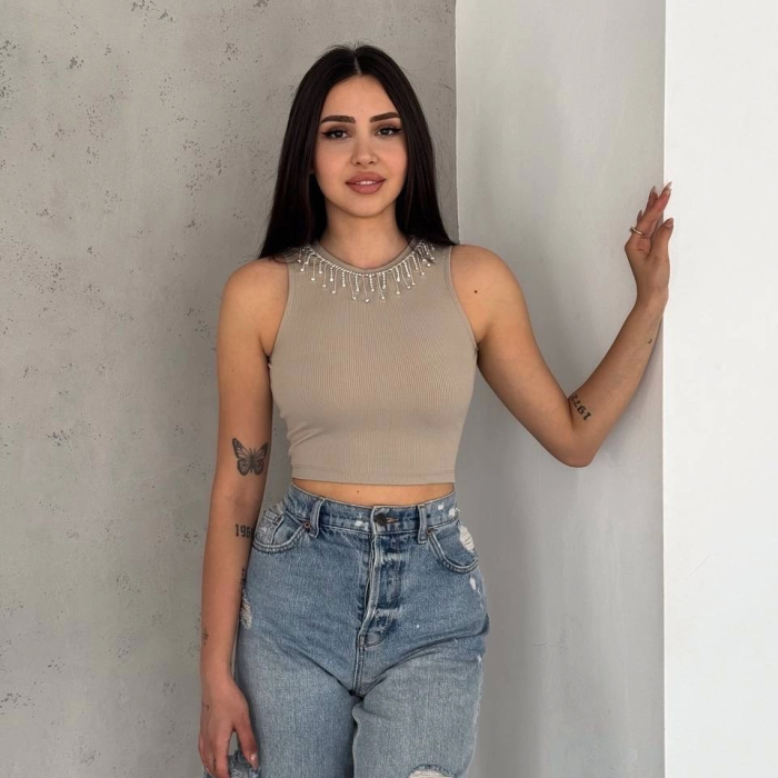 fitilli kaşkorse yakası zincirli atlet vizon