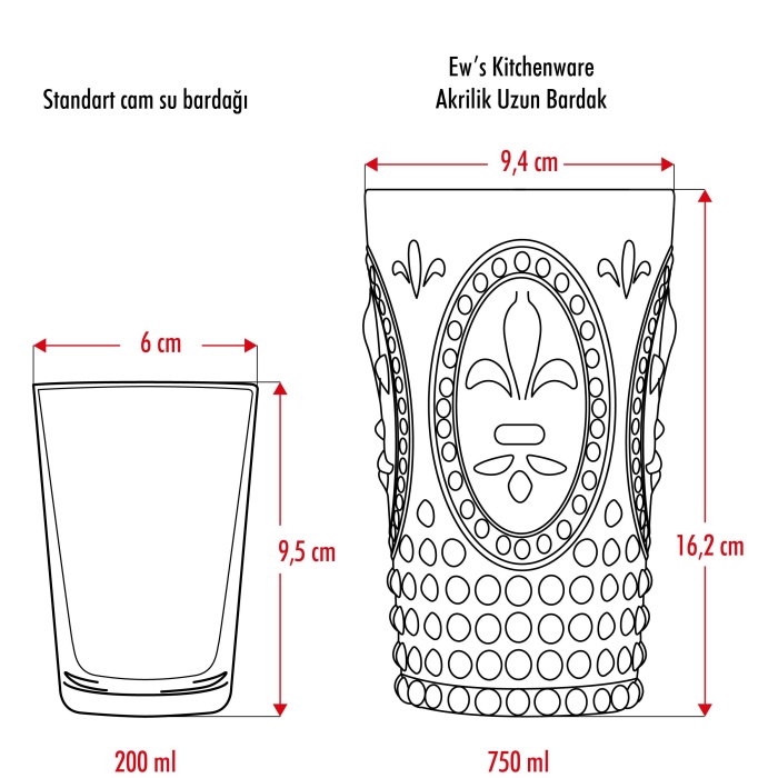 Akrilik Bal 6lı Uzun Bardak & Su Meşrubat Bardağı 750 ml ( Büyük Boy & Cam Değildir )