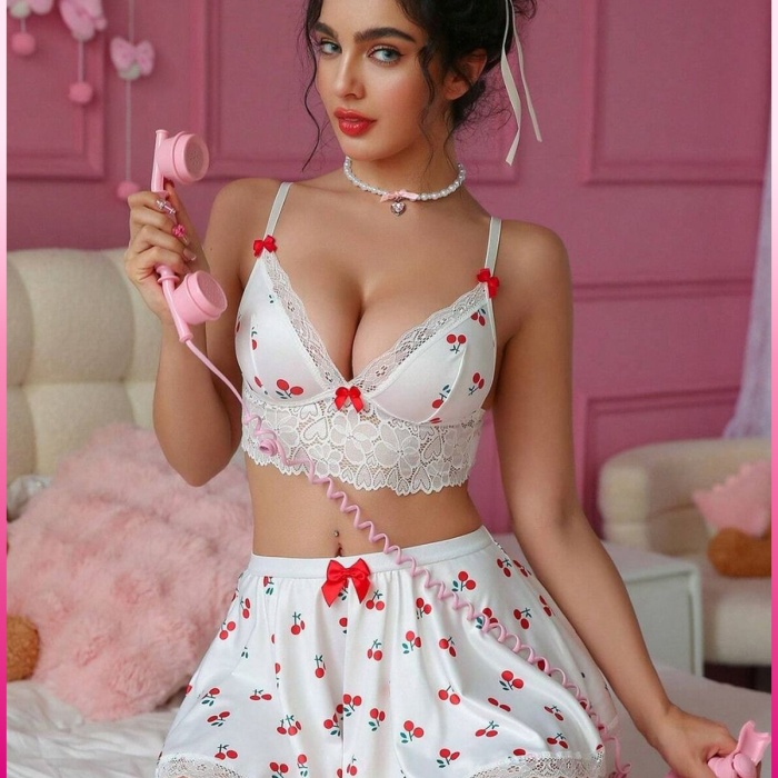 Kadın Kirazlı Fiyonklu Seksi Kostüm
