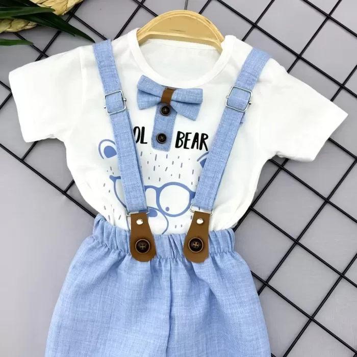 9-12-18-24 Ay Papyon Detaylı Keten Şort Salopet Tişörtlü 2li Erkek Bebek Takımı