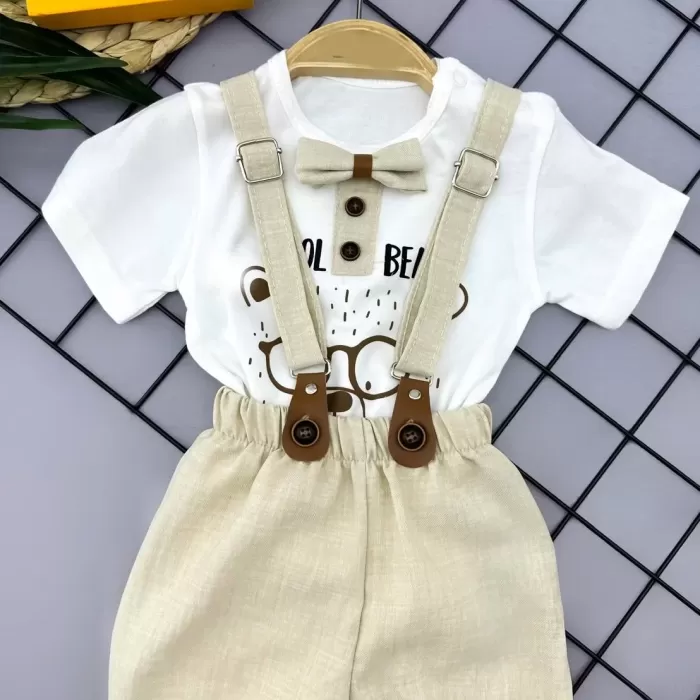 9-12-18-24 Ay Papyon Detaylı Keten Şort Salopet Tişörtlü 2li Erkek Bebek Takımı