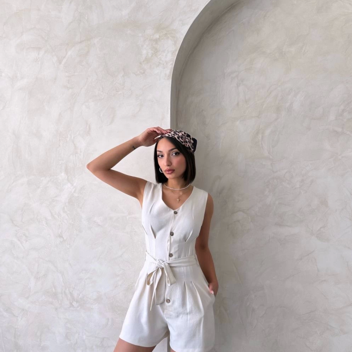 Kuşaklı şortlu tulum