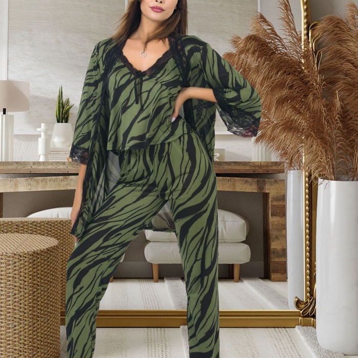 Kadın Seksi Çizgi Desenli Yeşil Askılı Pijama Ve Sabahlık Takımı 3 Parça Alt Üst Gecelik Takım