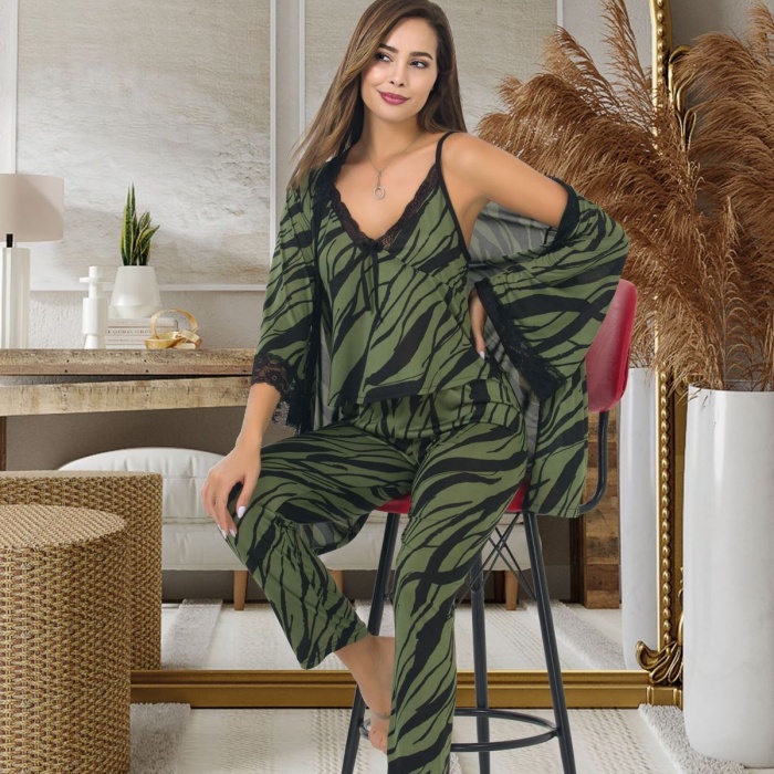 Kadın Seksi Çizgi Desenli Yeşil Askılı Pijama Ve Sabahlık Takımı 3 Parça Alt Üst Gecelik Takım