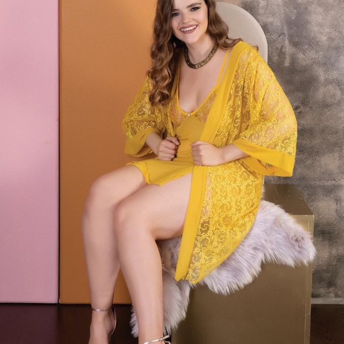 Kadın Seksi Çeyiz Büyük Beden Gecelik Sarı Gecelik Takımı