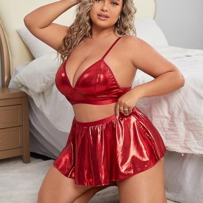 Kadın Seksi Lame Deri Kırmızı Büyük Beden Fantezi Kostüm