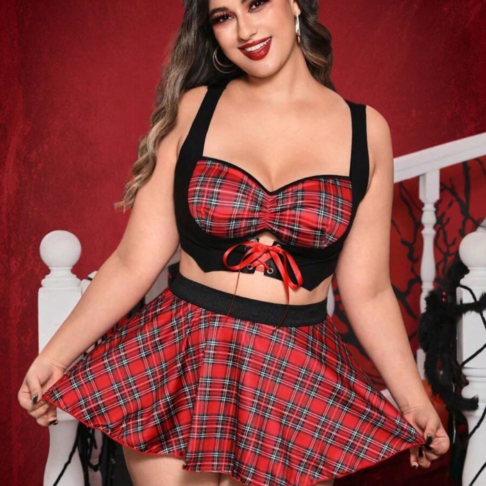 Kadın Seksi Ekose Etekli Büyük Beden Fantezi Kostüm