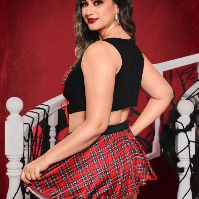 Kadın Seksi Ekose Etekli Büyük Beden Fantezi Kostüm