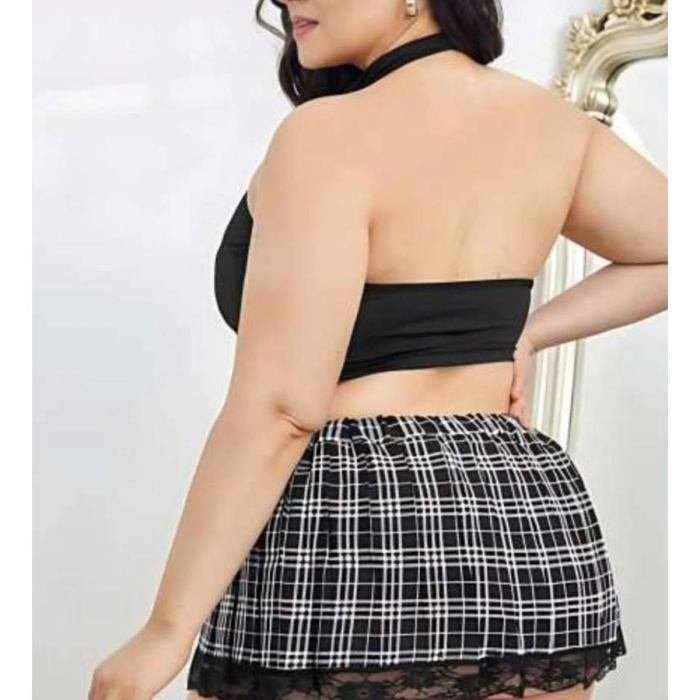 Kadın Seksi Ekose Etekli Kravatlı Büyük Beden Fantezi Kostüm