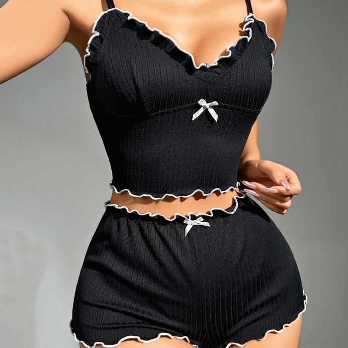 Kadın Siyah Fitilli Askılı Şortlu Pijama Takım