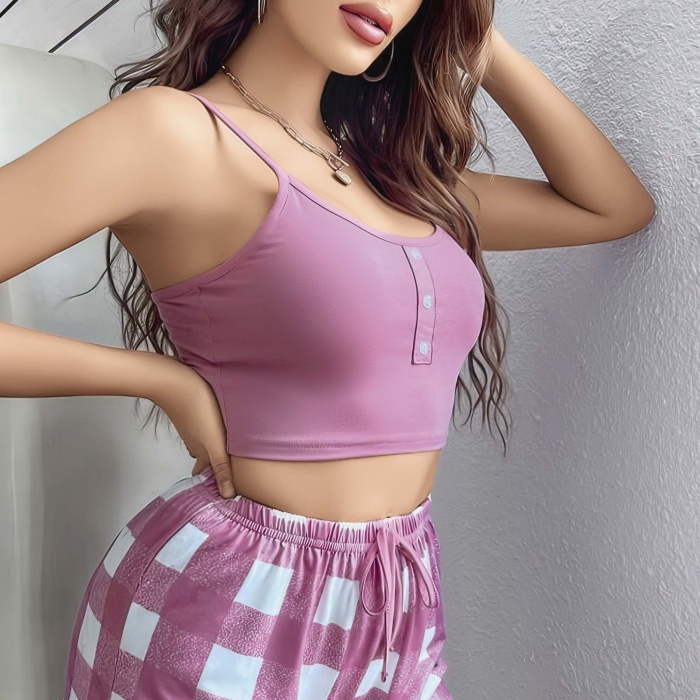 Kadın Pembe Kareli Desenli Askılı Şortlu Pijama Takım