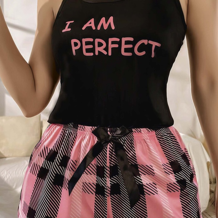 Kadın Siyah Kare Desenli Askılı Şortlu Pijama Takım