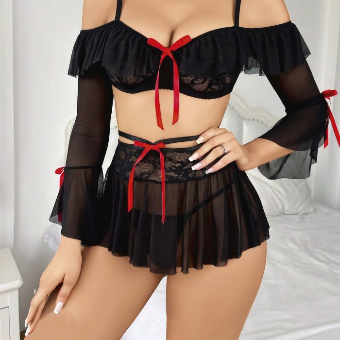 Kadın Siyah Etek Bustiyer Sexy Gecelik Takım