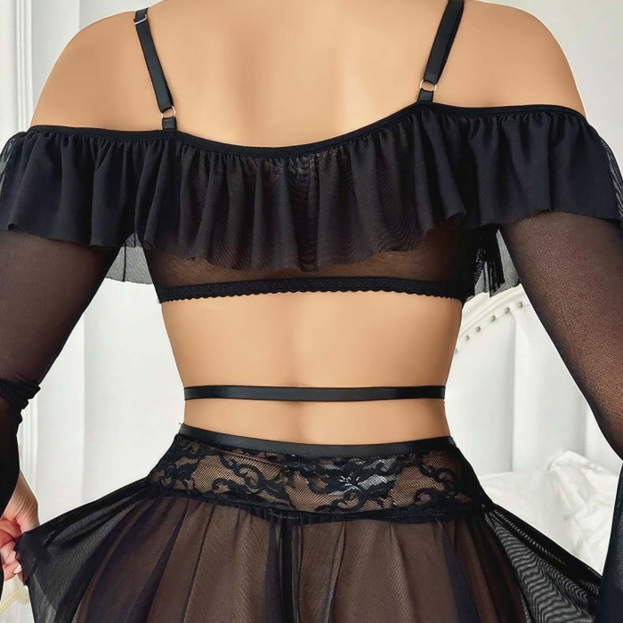 Kadın Siyah Etek Bustiyer Sexy Gecelik Takım