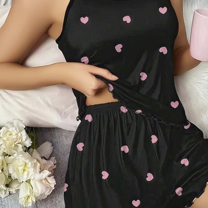 Kadın Siyah Kalp Desenli Seksi Gecelik Takım