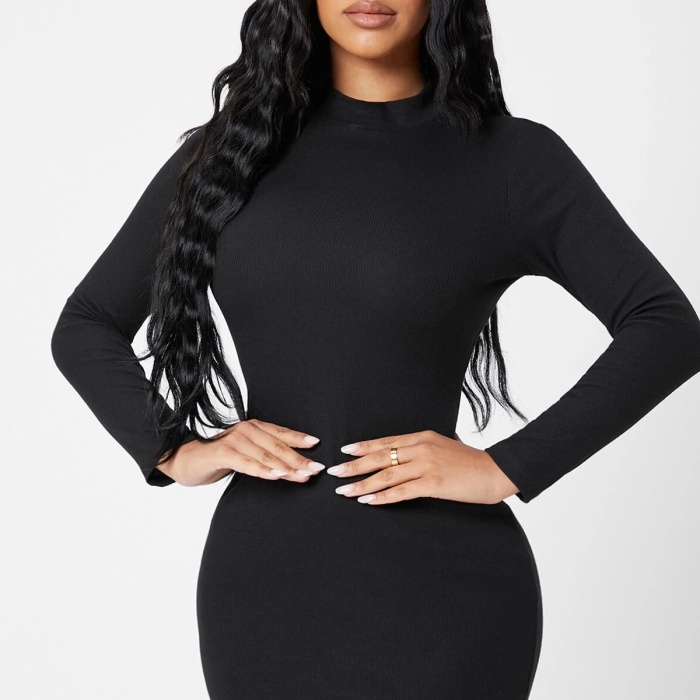Kadın Siyah Kaşkorse Balıkçı Yaka Uzun Kollu Bodycon Mini Elbise