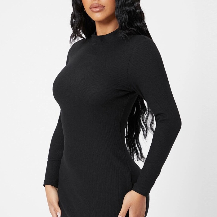 Kadın Siyah Kaşkorse Balıkçı Yaka Uzun Kollu Bodycon Mini Elbise