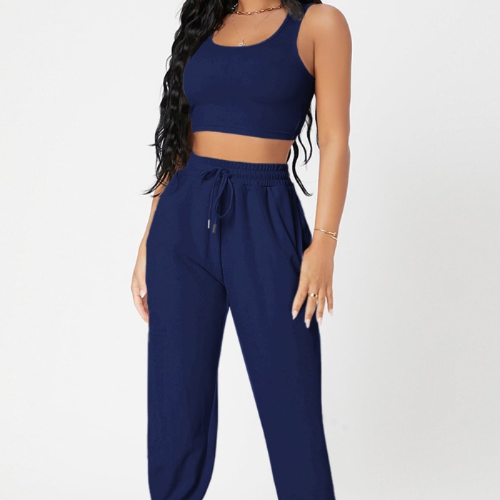 Kadın Lacivert Kaşkorse Cepli Jogger Eşofman Altı Ve Crop Top Bluz