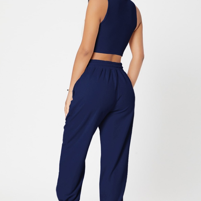 Kadın Lacivert Kaşkorse Cepli Jogger Eşofman Altı Ve Crop Top Bluz