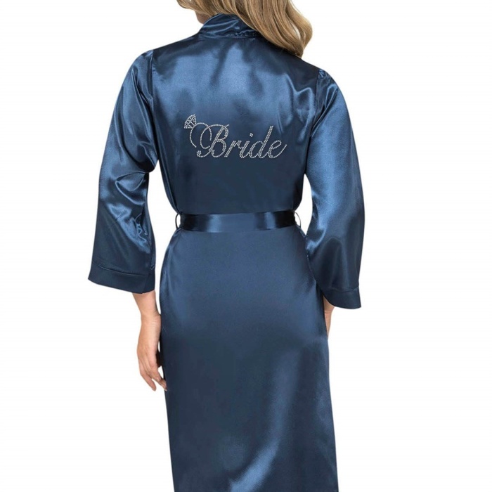 Lacivert Kısa Saten Bride Sabahlık