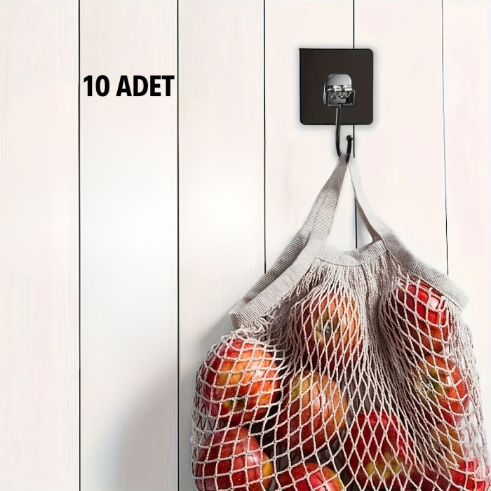 10 Adet Duvara, Dolapa Yapışan Güçlü Yapışkanlı Siyah Duvar Askısı (4172)