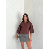 Crop Yakalı Gömlek Üç Çeyrek Sleeve Kol - Kahverengi