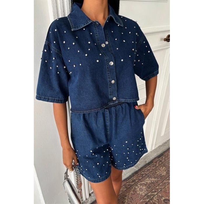 Taş Detaylı Gömlek Şort Denim Takım 10175