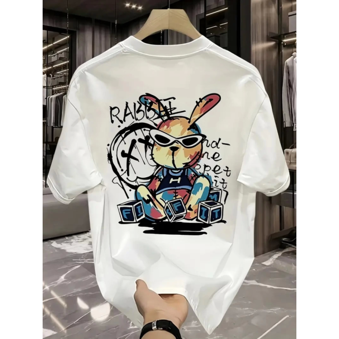 Baskılı Oversize Bisiklet Yaka T-shirt - Beyaz