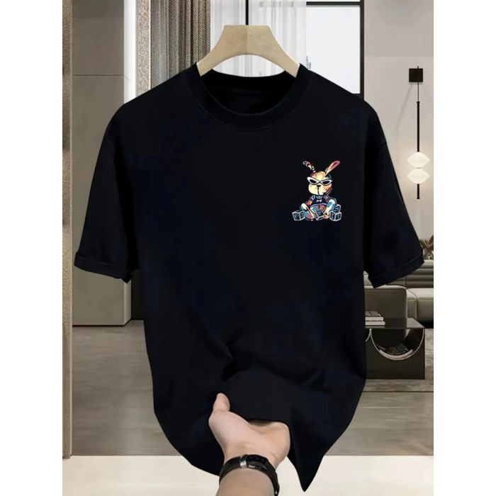 Baskılı Oversize Bisiklet Yaka T-shirt - Siyah