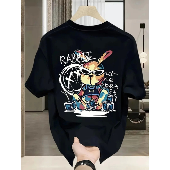 Baskılı Oversize Bisiklet Yaka T-shirt - Siyah