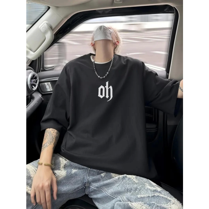 Baskılı Oversize Bisiklet Yaka T-shirt - Siyah
